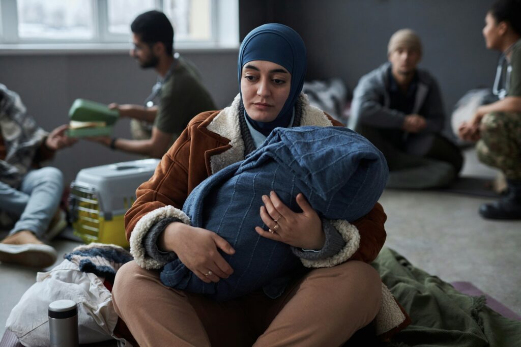 Woman With Baby Sitting on Floor at Refugee Shelter